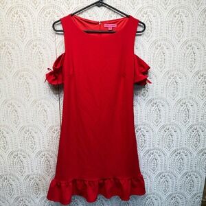 Betsey Johnson Cold Shoulder Dress Womens 4 Red Ruffle Hem Bow Sleeve Cocktail